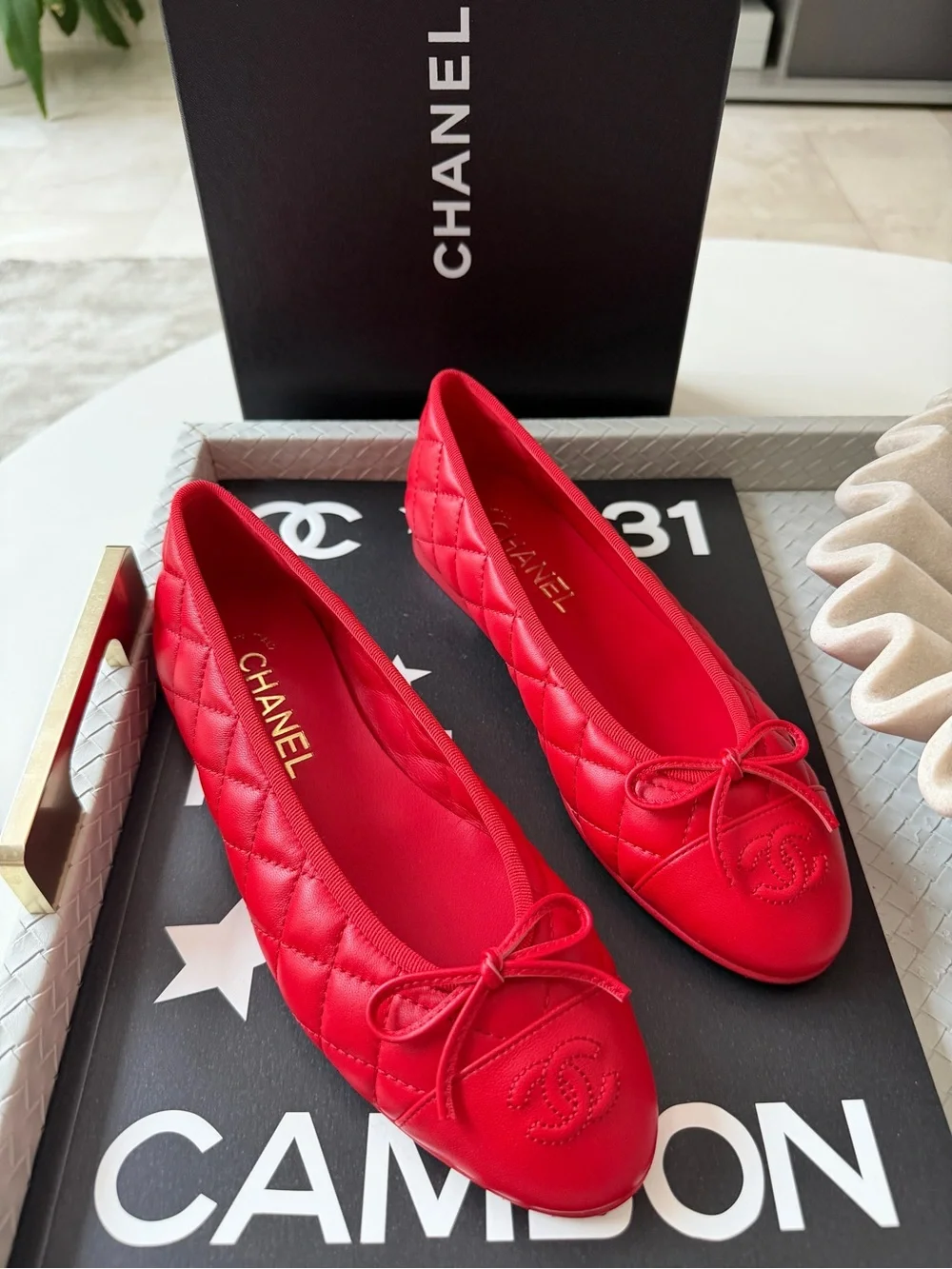 Chanel 26B Blazy Leather Quilted Red Agneau Rouge CC Logo Ballet Flats 38.5